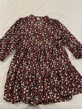 entro Red Floral Print Dress with White, Teal & Navy Accents